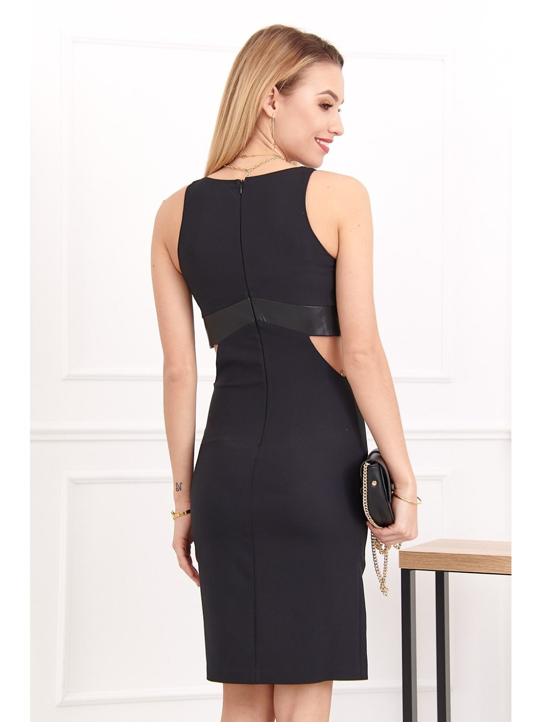 Dress with eco-leather elements, black G5078 - Online store - Boutique